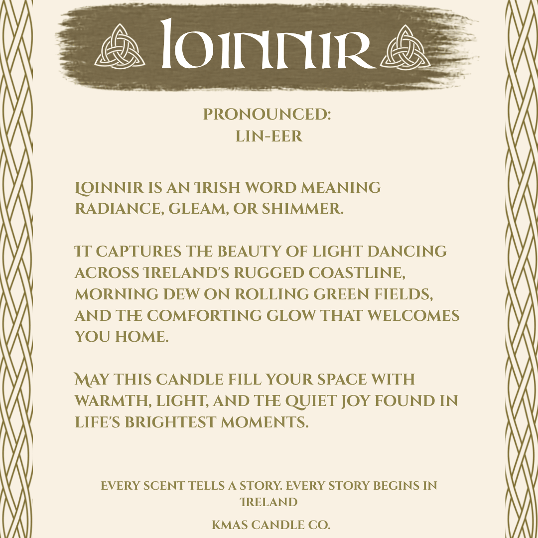 Loinnir | Wooden Wick Candle - KMAS Candle Co-Candles-KMAS Candle Co-A square candle packaging card for 'Ioinnir' by Kmas Candle Co., featuring a cream background with a dark brown Celtic-style header, decorative borders, and a block of descriptive text about the scent.