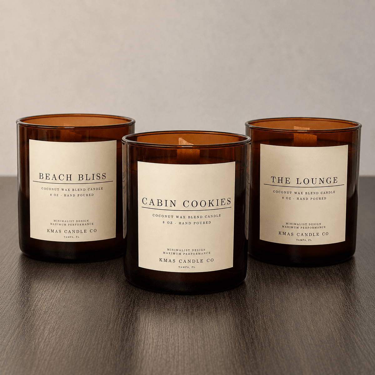 Signature Candle Bundle – The Lounge, Cabin Cookies & Beach Bliss - KMAS Candle Co-Candles-KMAS Candle Co-KMAS Signature Candle Bundle featuring The Lounge, Cabin Cookies and Beach Bliss hand-poured coconut wax candles with wooden wicks.