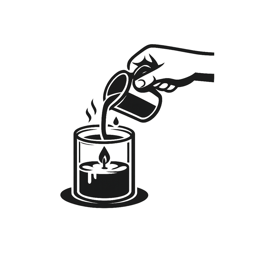 Black and white illustration of a hand pouring a candle
