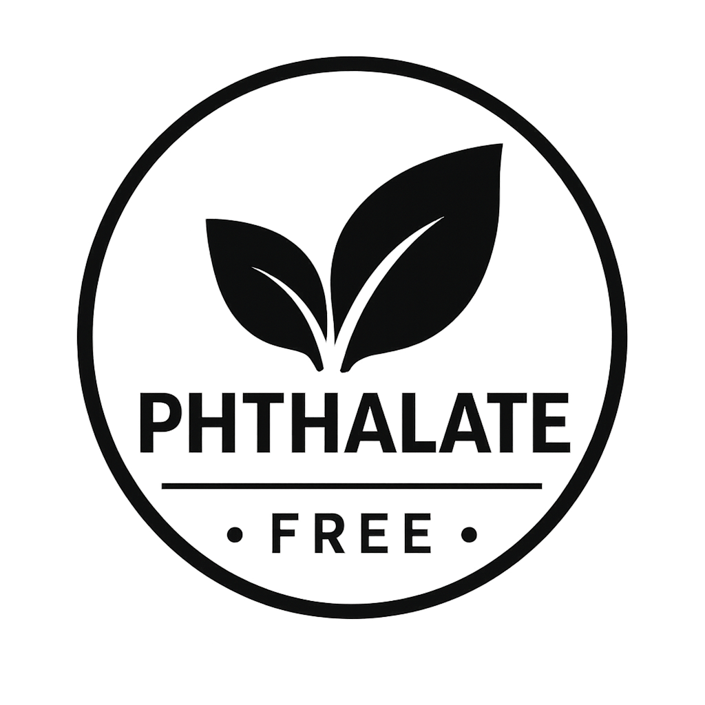 Logo indicating 'Phthalate Free' with two leaves inside a circular border on a white background.