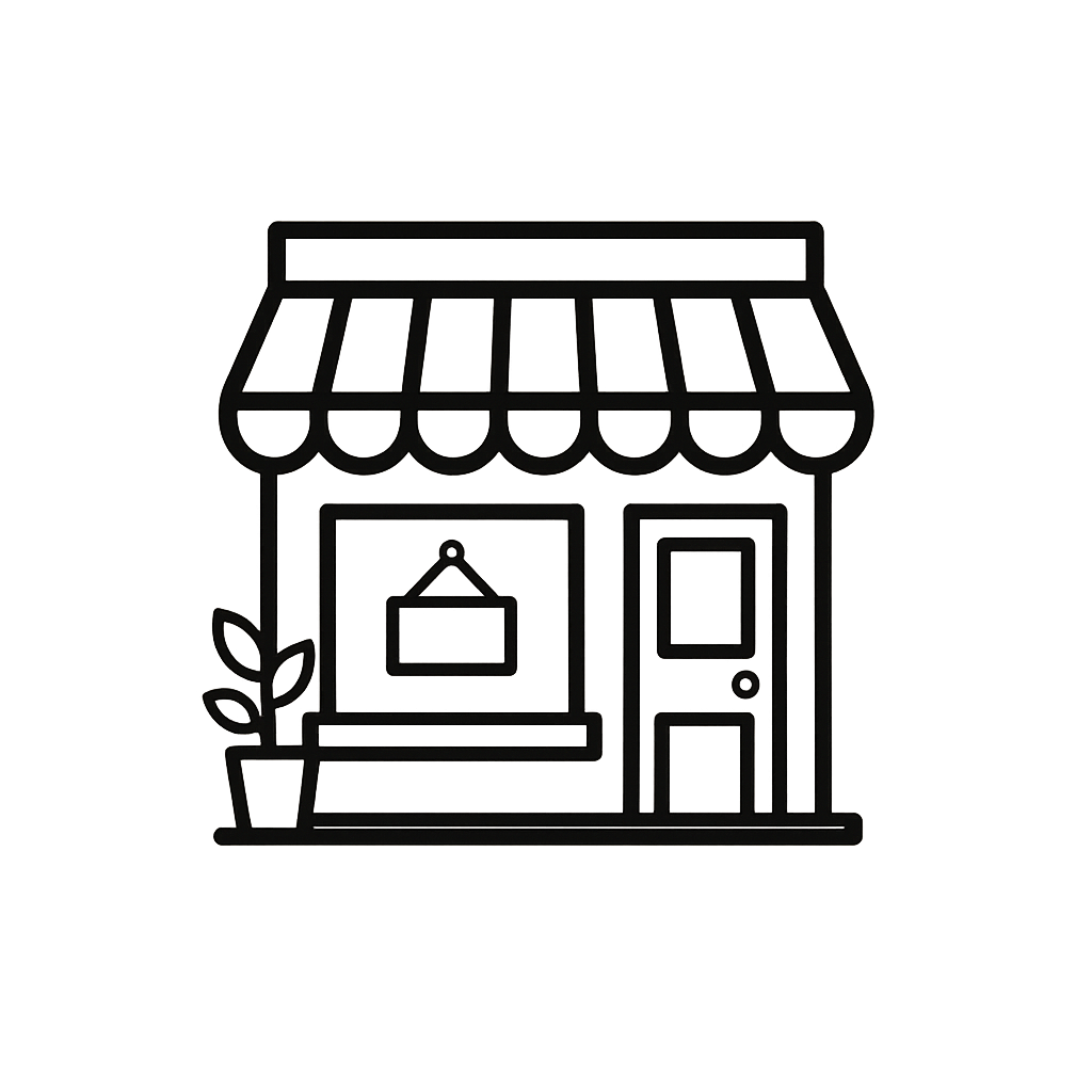 Line drawing of a small business store front with an awning on a white background