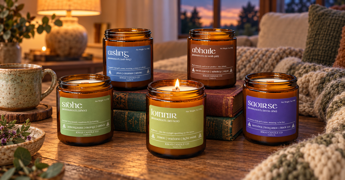 5 irish inspired candles ina cozy setting. 