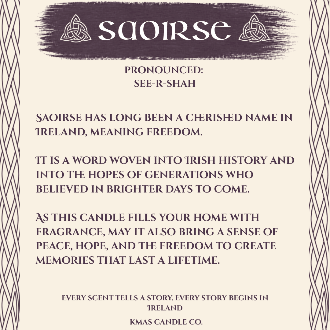 Saoirse | Wooden Wick Candle - KMAS Candle Co-Candles-KMAS Candle Co-A square product graphic for a Saoirse candle by Kmas Candle Co., featuring a cream background with a dark purple header, decorative Celtic knot borders, and printed text describing the scent and its Irish heritage.