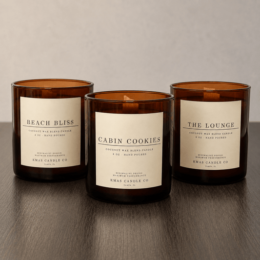 Signature Candle Bundle – The Lounge, Cabin Cookies & Beach Bliss - KMAS Candle Co-Candles-KMAS Candle Co-KMAS Signature Candle Bundle featuring The Lounge, Cabin Cookies and Beach Bliss hand-poured coconut wax candles with wooden wicks.